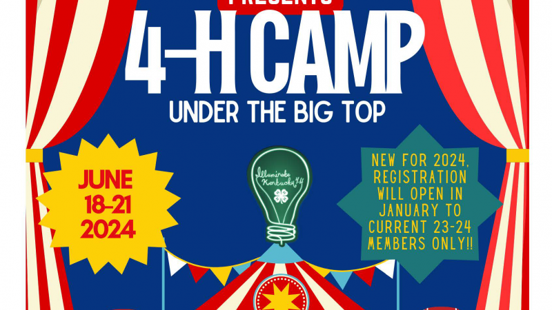 4-H Camp flyer red white circus tent big top themed banners and elephants
