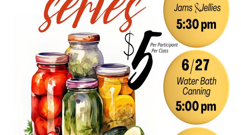 vegetables in canning jars and class info in yellow circles