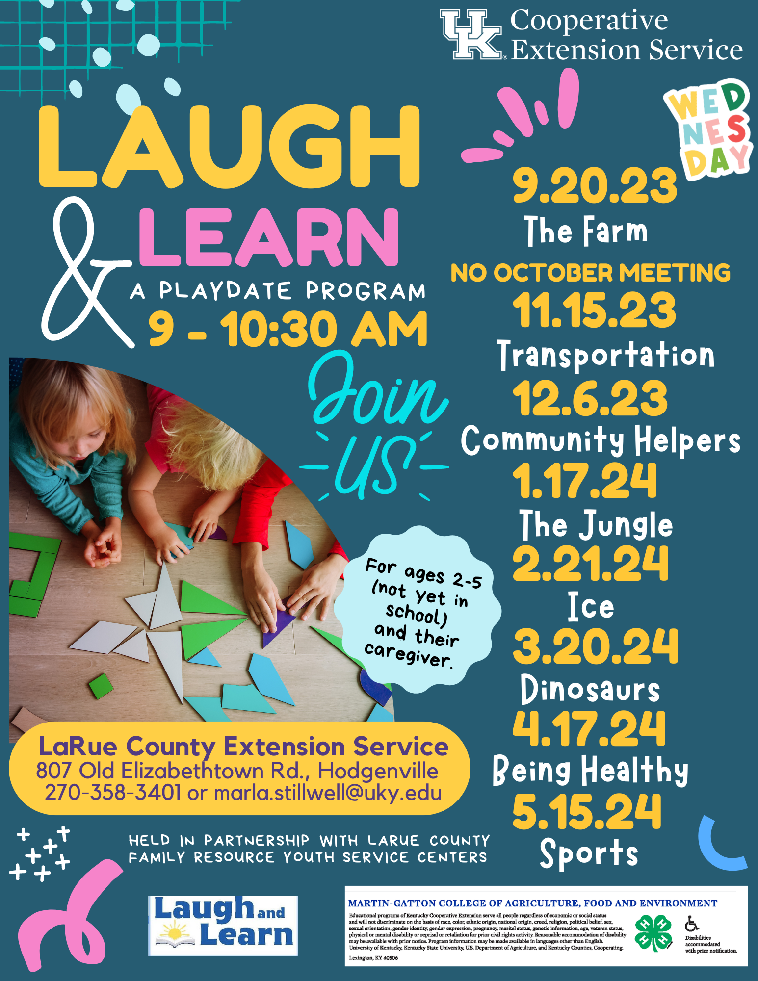teal background with kids laying down with a puzzle - program info listed