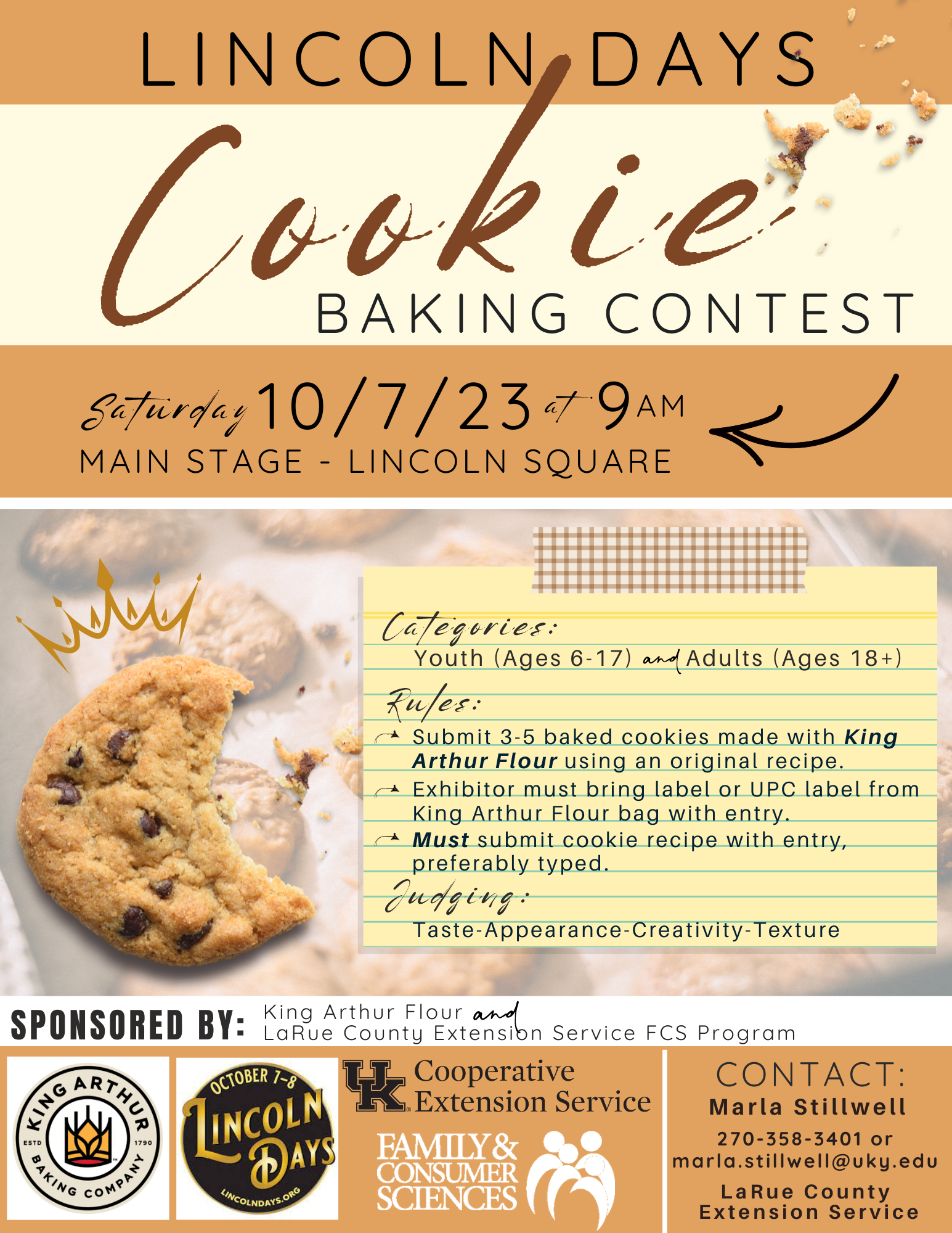 crumbled cookie with crown and yellow recipe card with contest rules