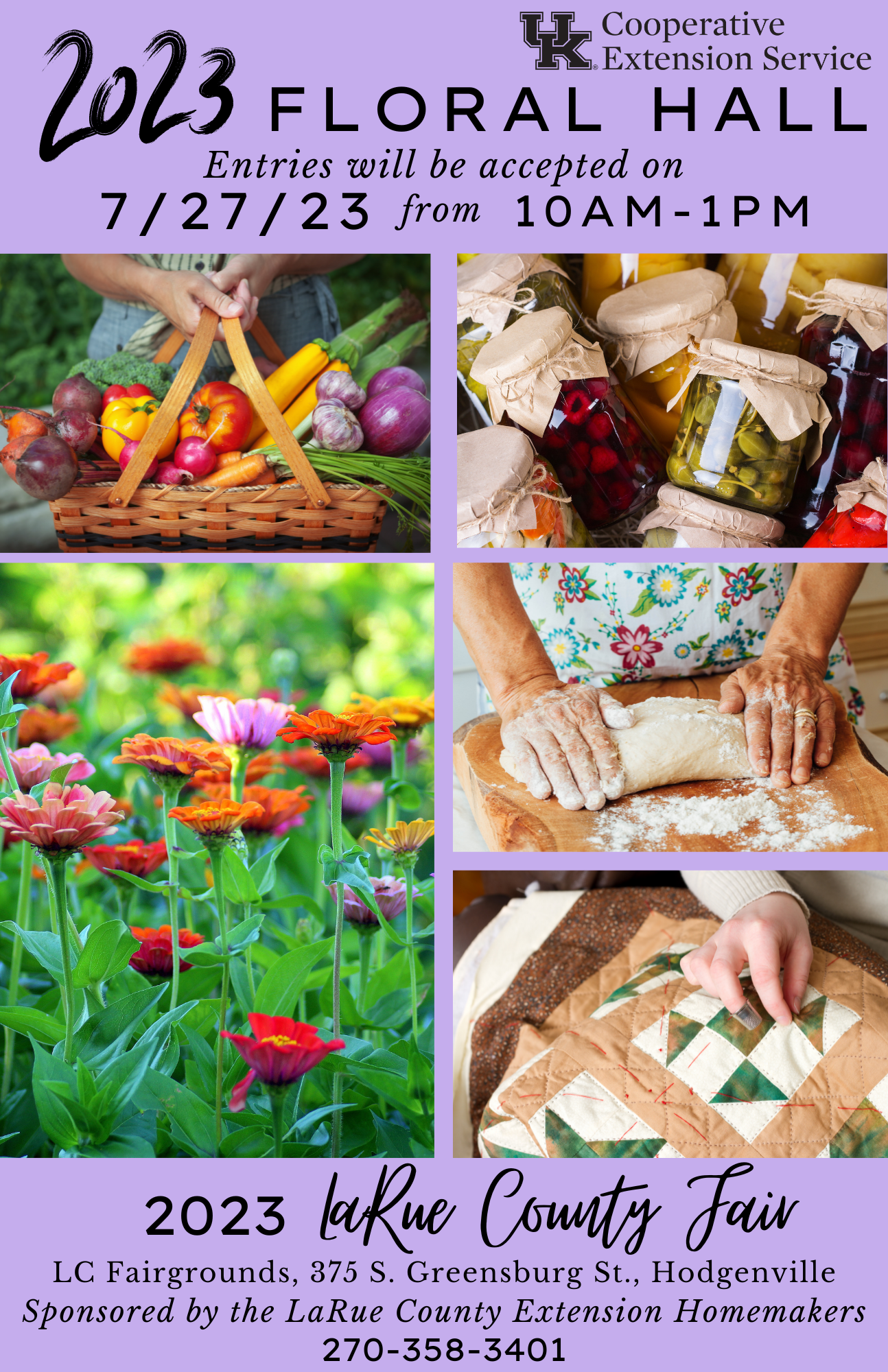 basket of veggies, patch of flowers, canned goods, rolling dough, quilting