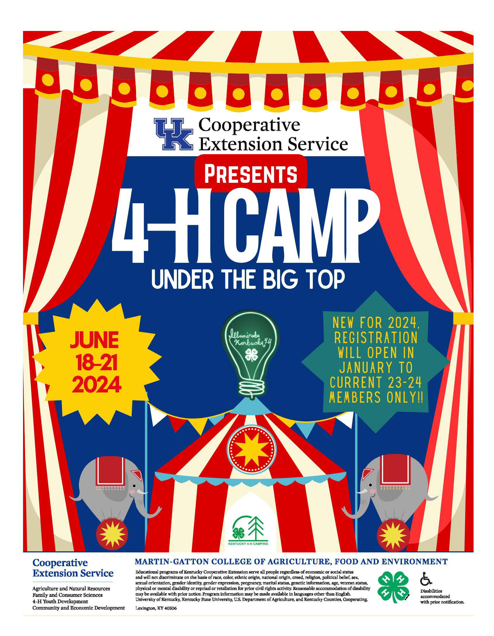 4-H Camp flyer red white circus tent big top themed banners and elephants
