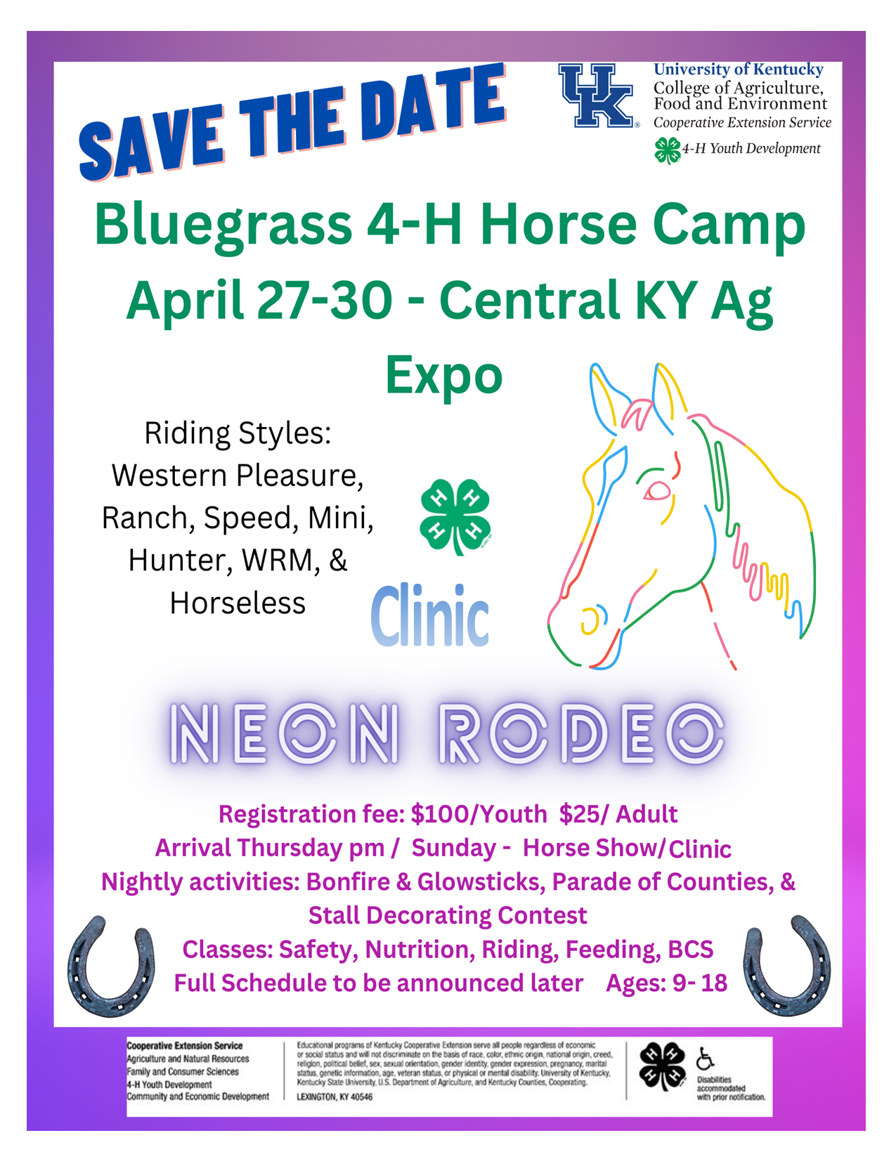 Horse head outline with save the date horse camp information 